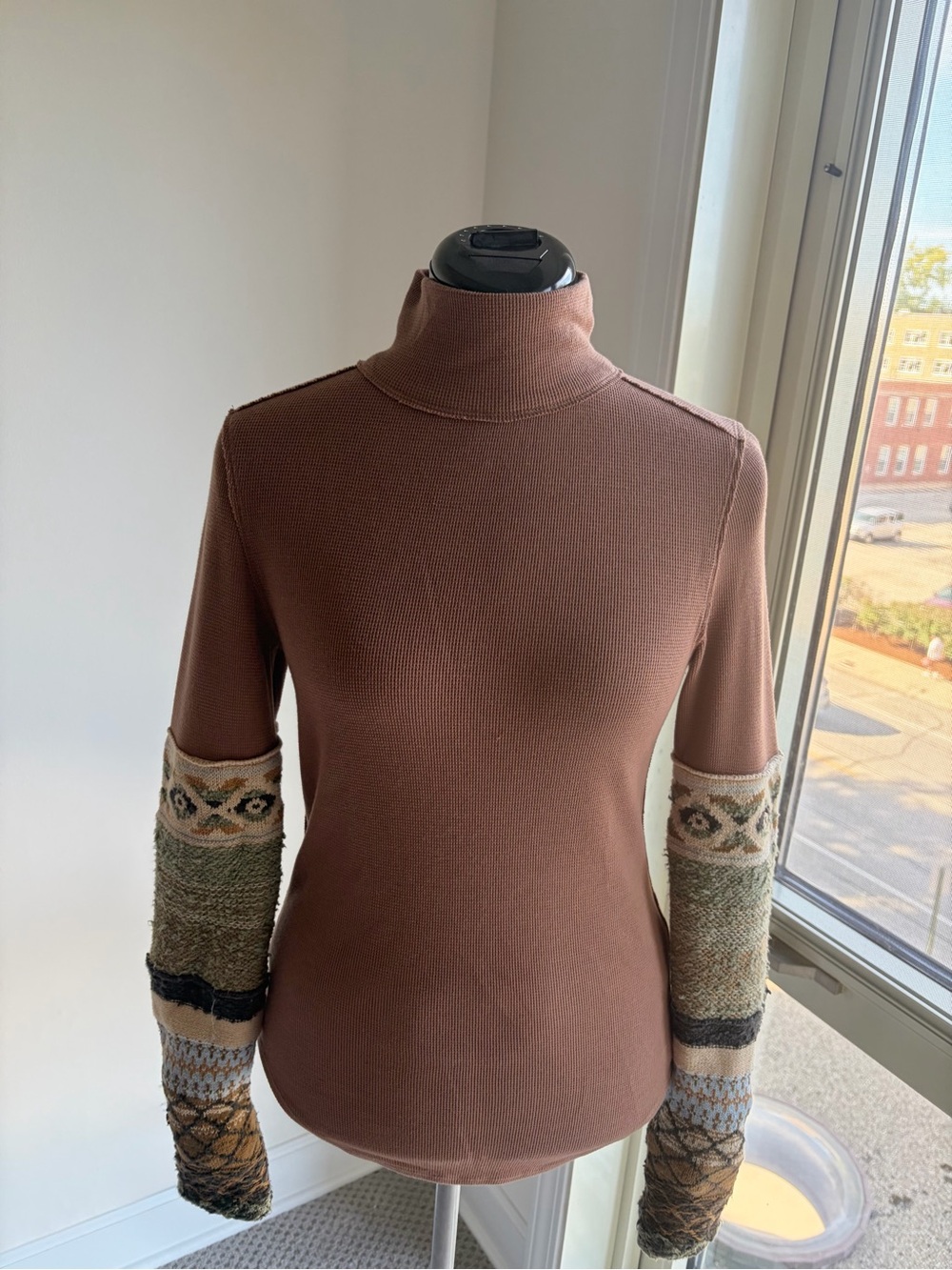 We The Free Rust Brown Turtleneck Sweater with Patterned Sleeves
